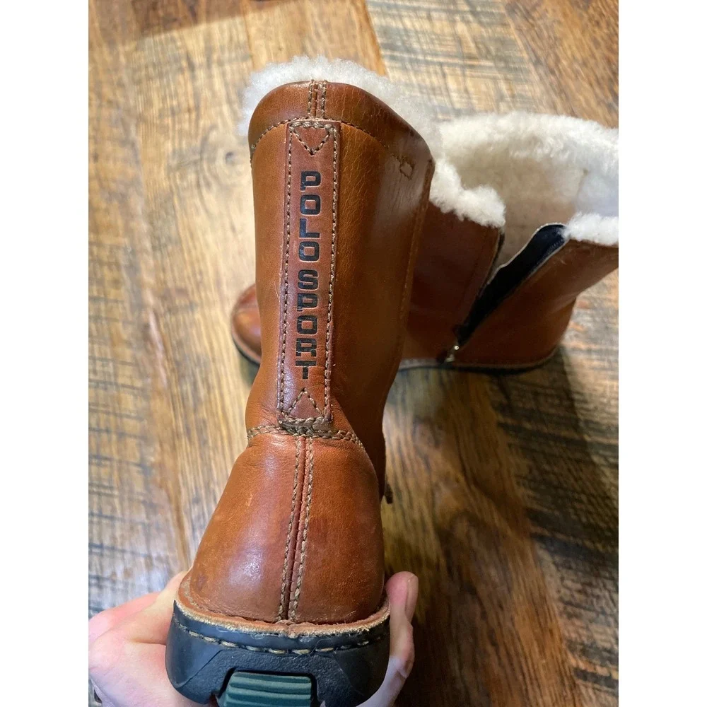 Polo Sport Kid‎ Brown Leather Fur Lined Winter Boots Side Zip Girls Size 6.5 Boy